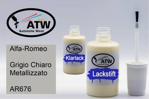 Alfa-Romeo, Grigio Chiaro Metallizzato, AR676: 20ml Lackstift + 20ml Klarlack - Set, von ATW Autoteile West.